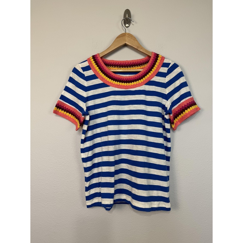 Boden Tee Women's Small Blue White Stripe Crochet Ringer Boho T-Shirt Top